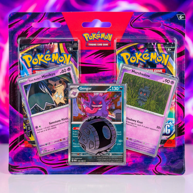Front of Pokémon TCG Gengar, Marshadow and Team Rocket’s Mimikyu 2-pack blister